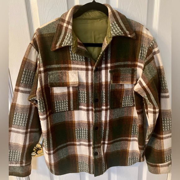 Green Brown White Plaid Heavy Flannel Button Up Fall Winter Shirt Blouse Top - Picture 2 of 12